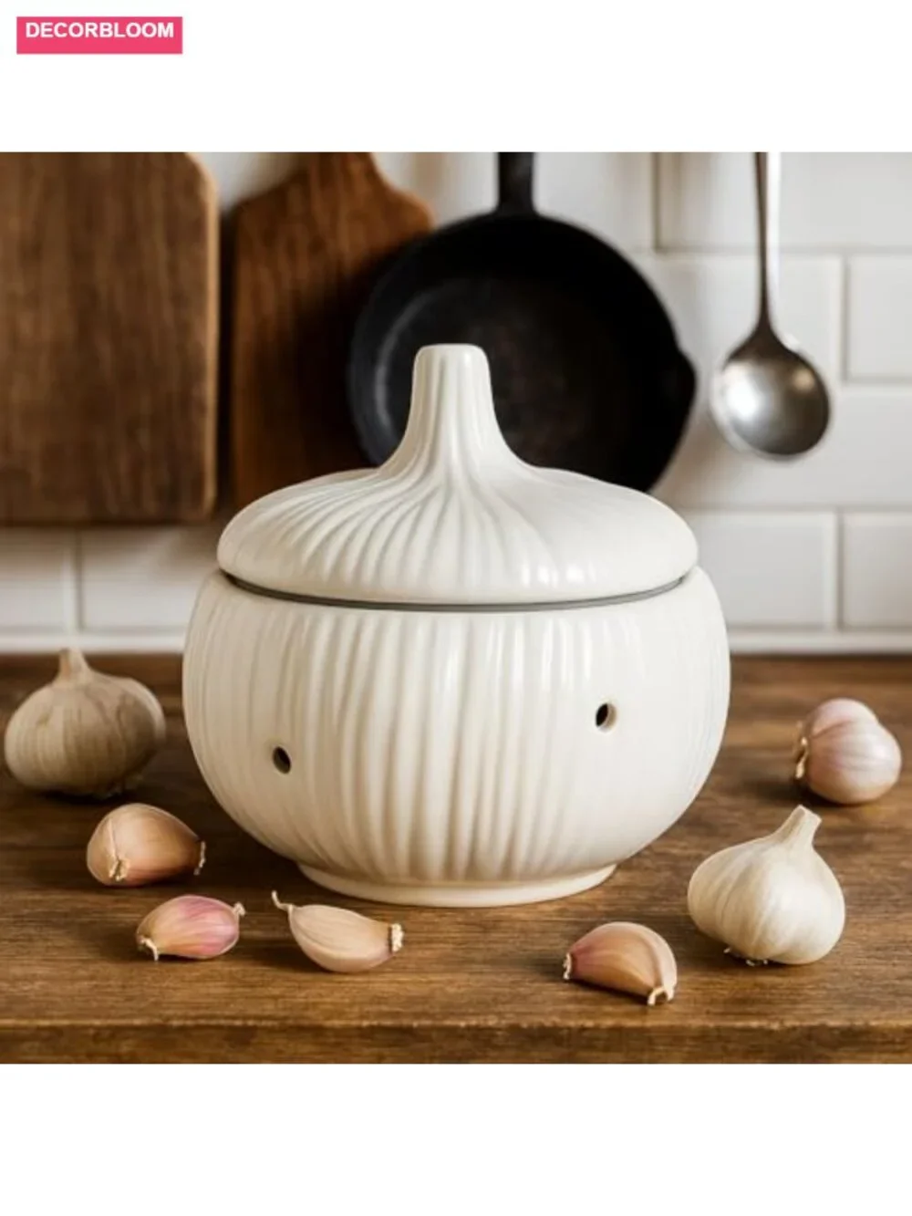 Ceramic Garlic Keeper with Ventilation Holes - Decorative Garlic Storage